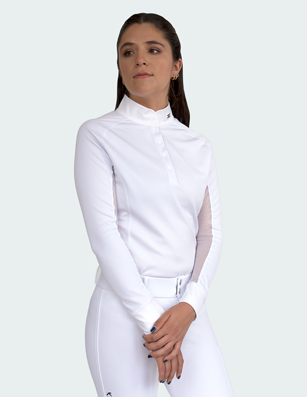 Playera blanca de mujer para concursos ecuestres