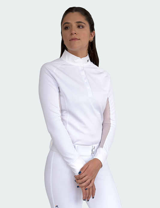 Playera blanca de mujer para concursos ecuestres